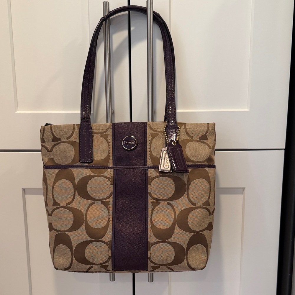 Coach Beige Signature Tote with Dark Purple Trim